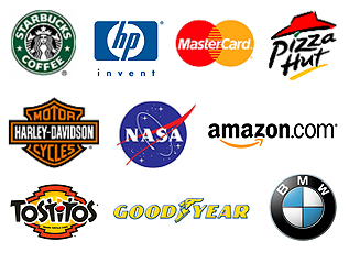 Combination Logos - Starbucks Coffee, HP, MasterCard, Pizza Hut, Harley-Davidson, NASA, Amazon, Tostitos, Goodyear, BMW