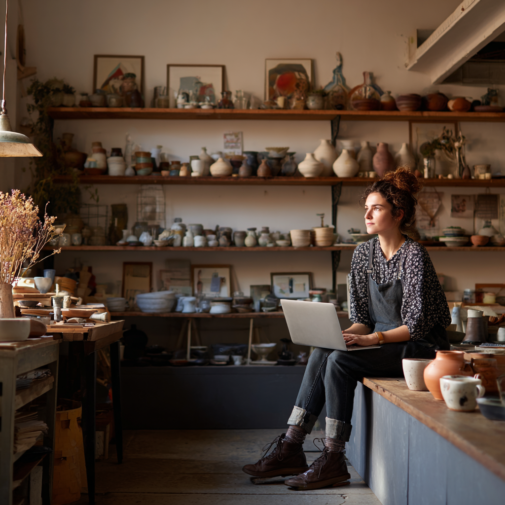 small business owner working on their laptop at their studio