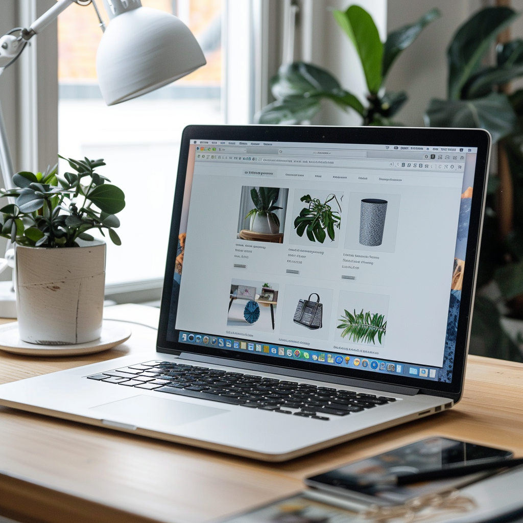 Online product catalog and shopping interface displayed on a laptop
