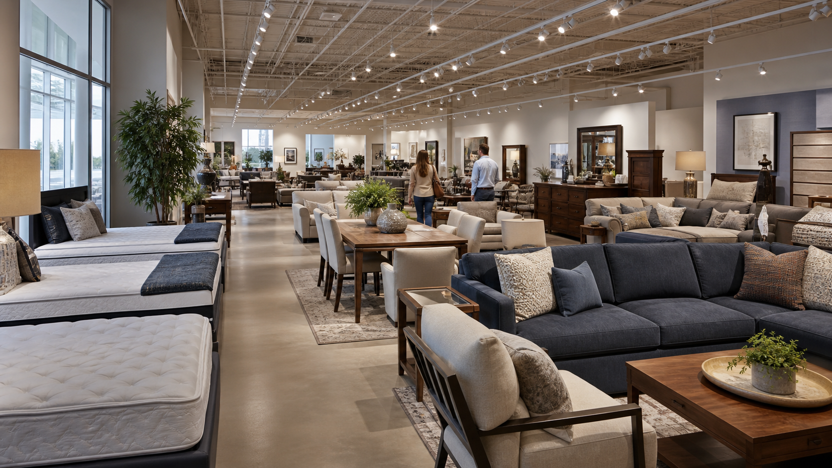 Furniture and mattress showroom prepared for local shoppers