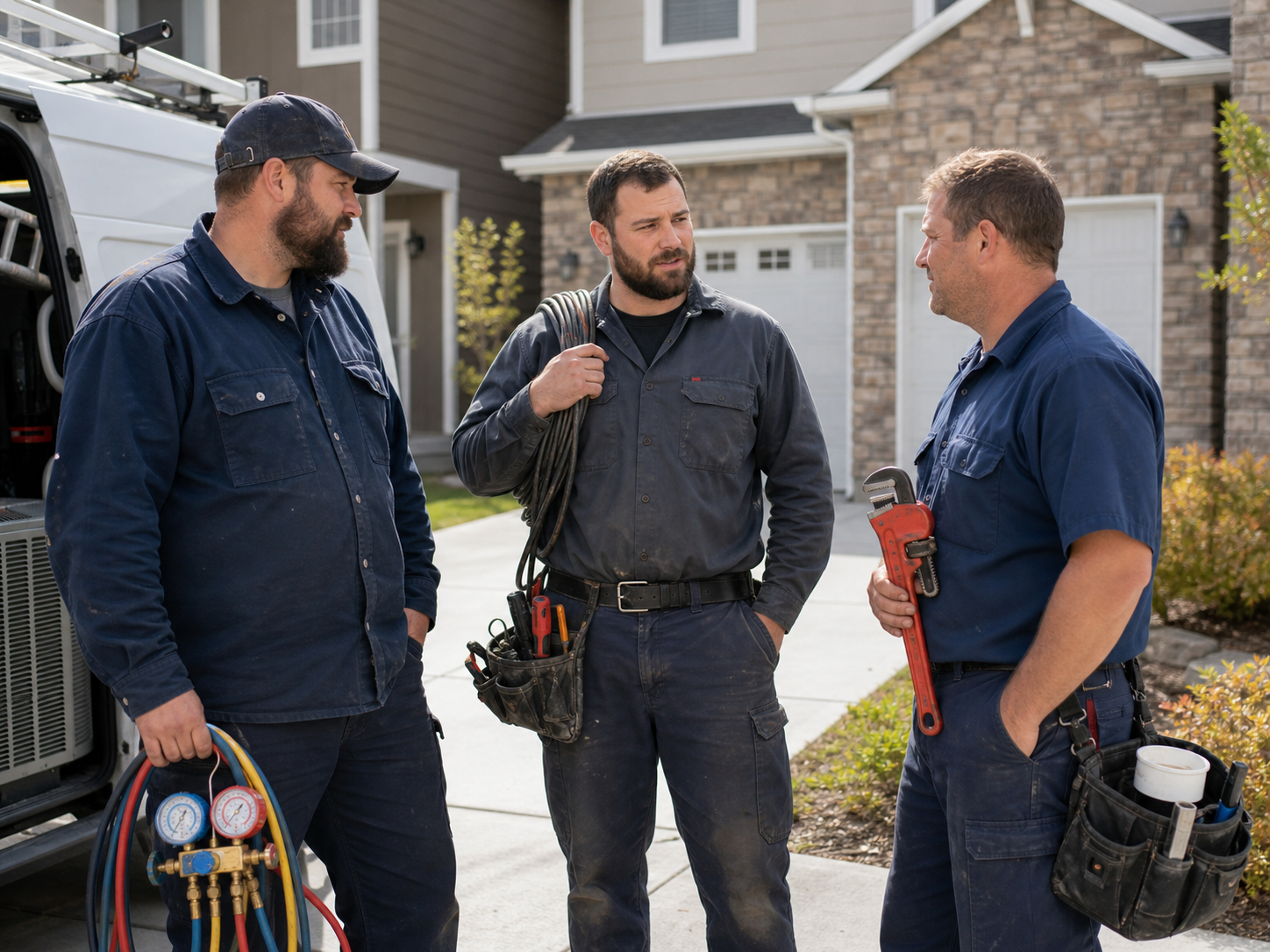 HVAC, electrical, and plumbing technicians coordinating beside a service vehicle at a Utah home