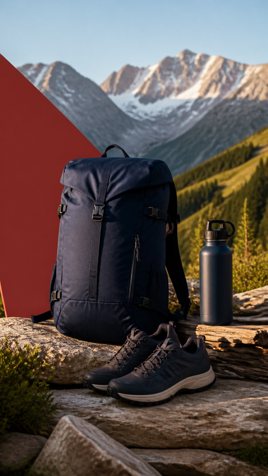 Vertical Utah outdoor lifestyle campaign creative featuring a navy backpack, trail shoes, and bottle against the Wasatch Mountains.